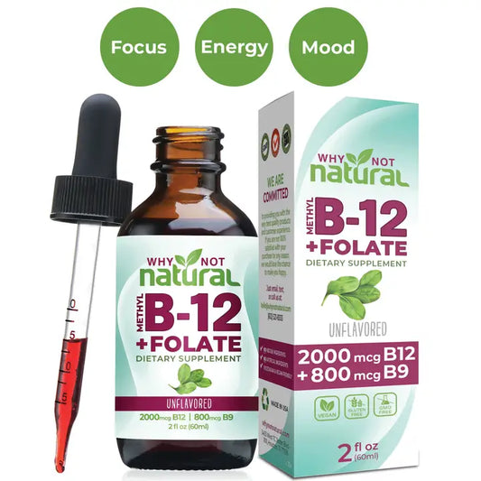Vitamina B12 líquida más folato: gotas orgánicas y veganas de 2 oz