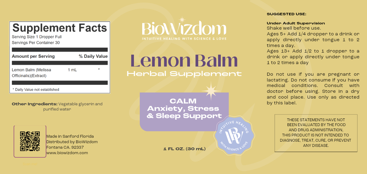 BioWizdom Lemon Balm Tincture 1 oz Bottle