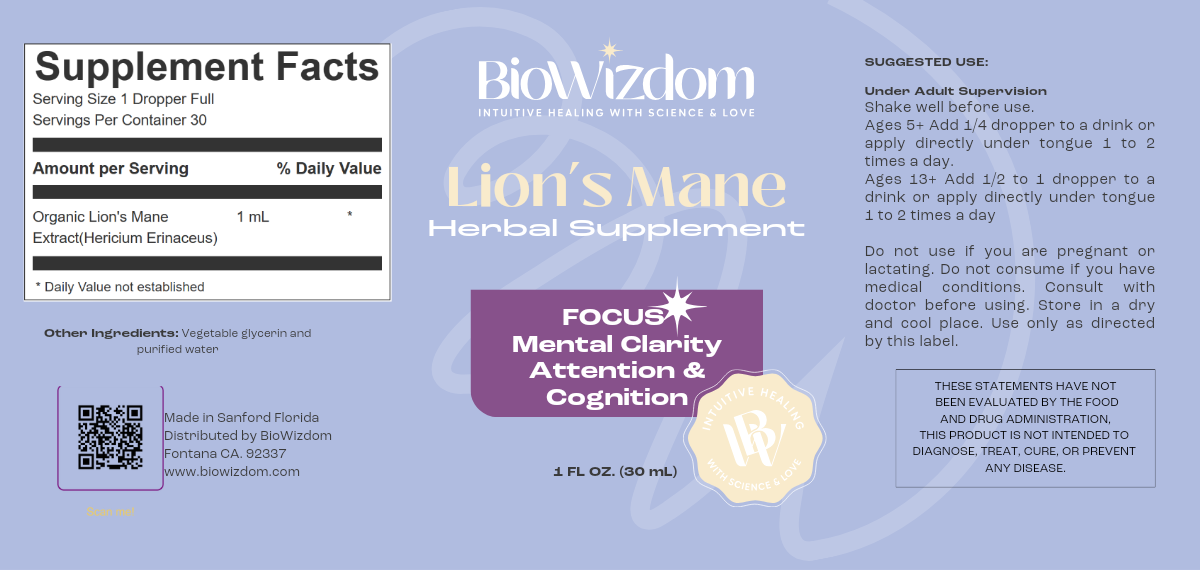 Tintura de melena de león BioWizdom, botella de 1 oz