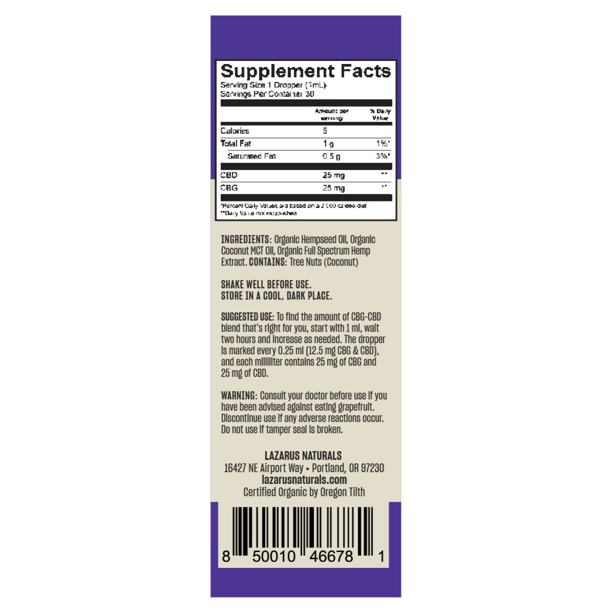 ORGANIC CBD+CBG TINCTURE, 25MG CBD & 25MG CBG / MLI