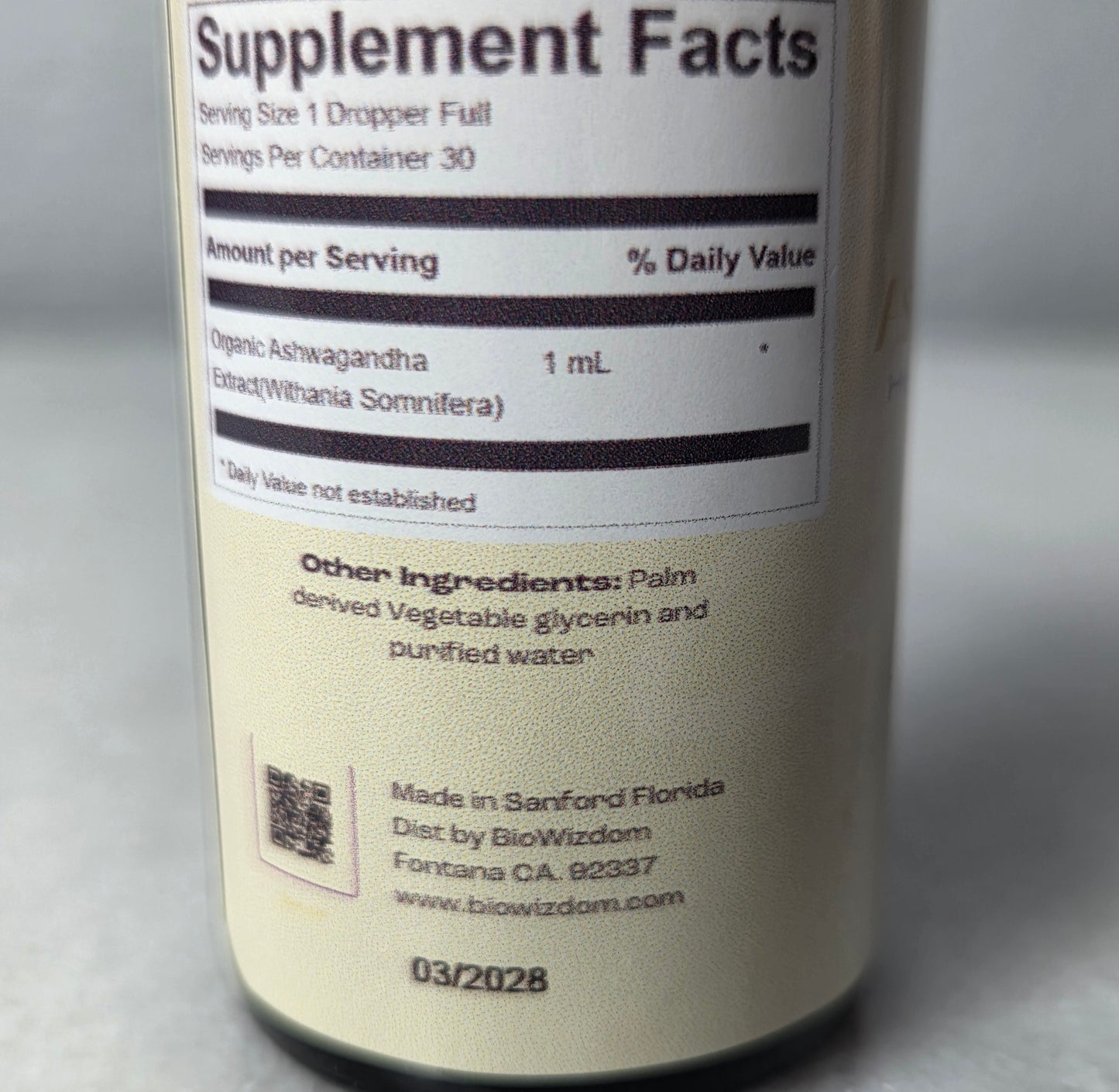 BioWizdom Ashwagandha Tincture 1 oz Bottle