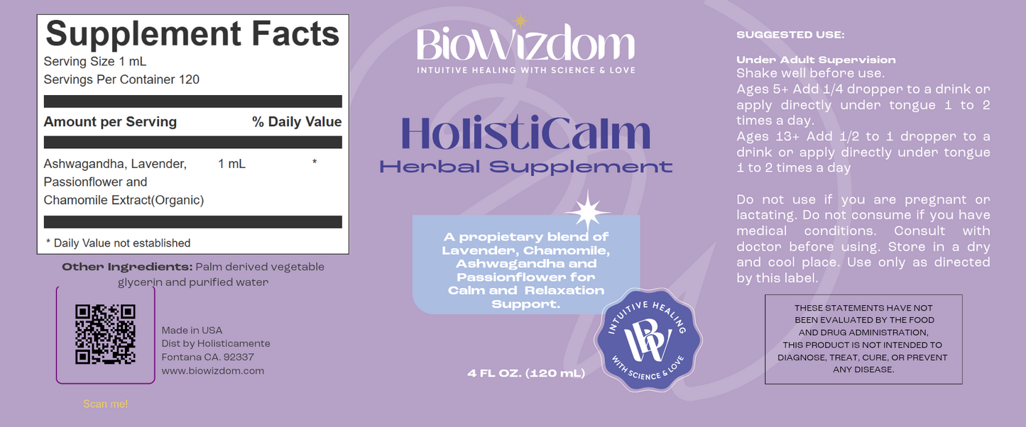 BioWizdom HolistiCalm Tincture by Lucía Patterson 4 oz Bottle