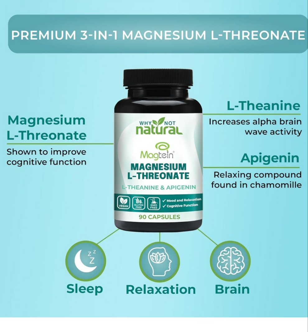 Magnesium L-Threonate Complex with Apigenin and L-theanine 90 Capsules, Patented Magtein Supplement