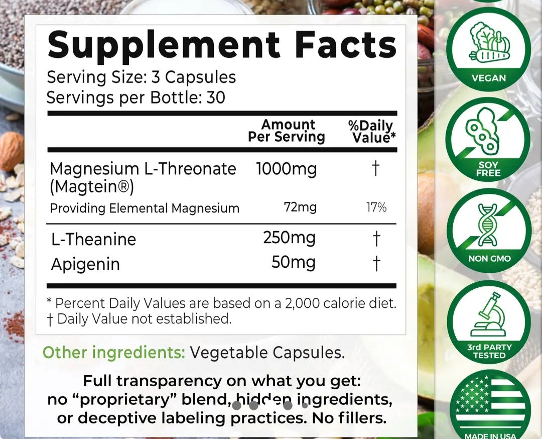 Magnesium L-Threonate Complex with Apigenin and L-theanine 90 Capsules, Patented Magtein Supplement