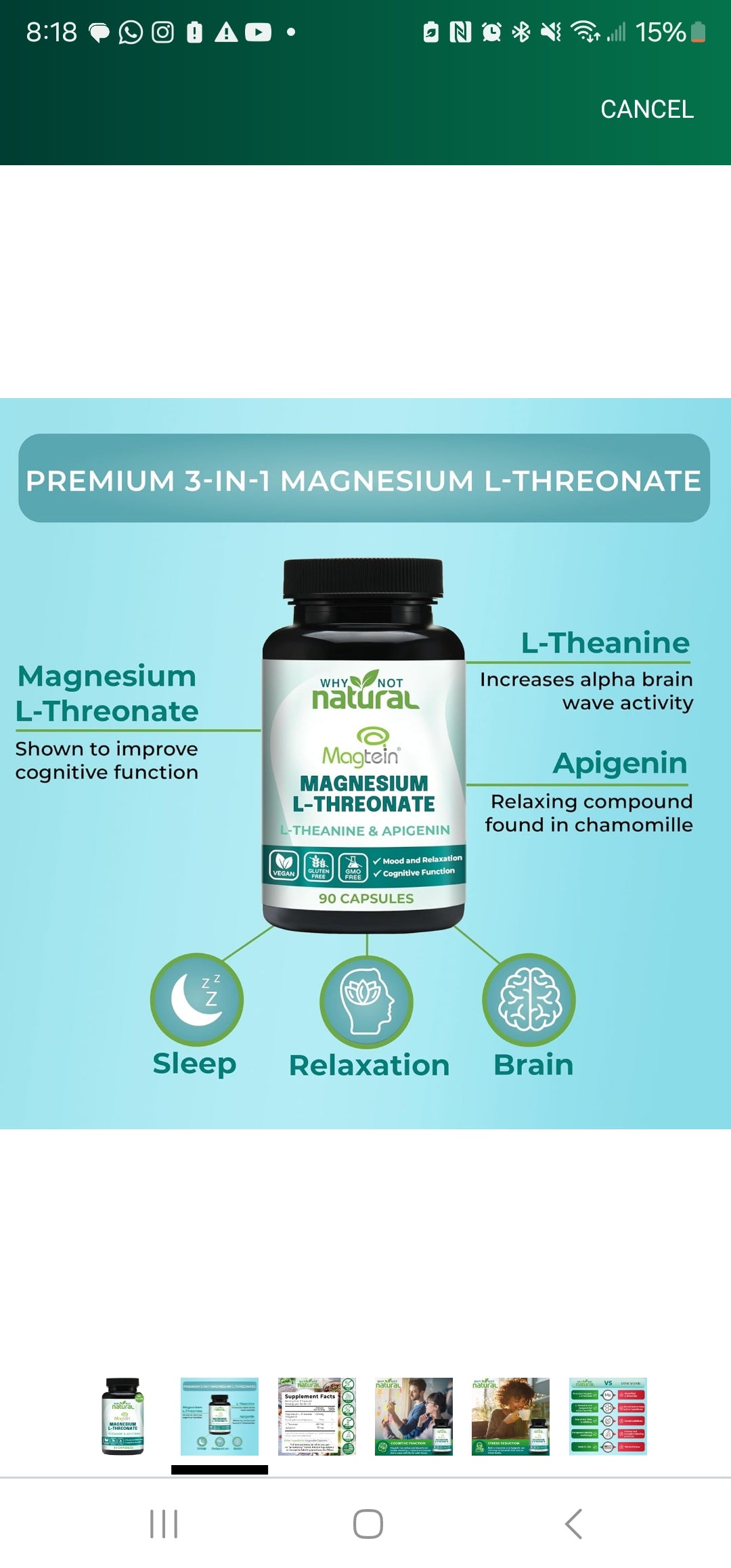 Magnesium L-Threonate Complex with Apigenin and L-theanine 90 Capsules, Patented Magtein Supplement